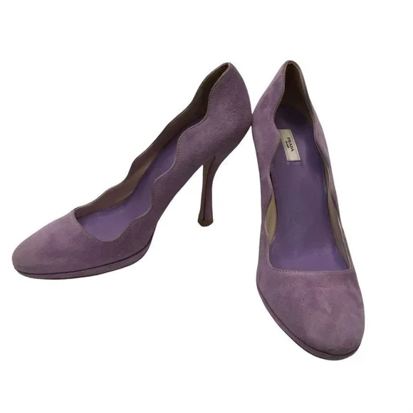 Prada Womens High Heels 38 Lavendar Suede Scalloped Edge Platform Leather Pumps - Picture 6 of 11